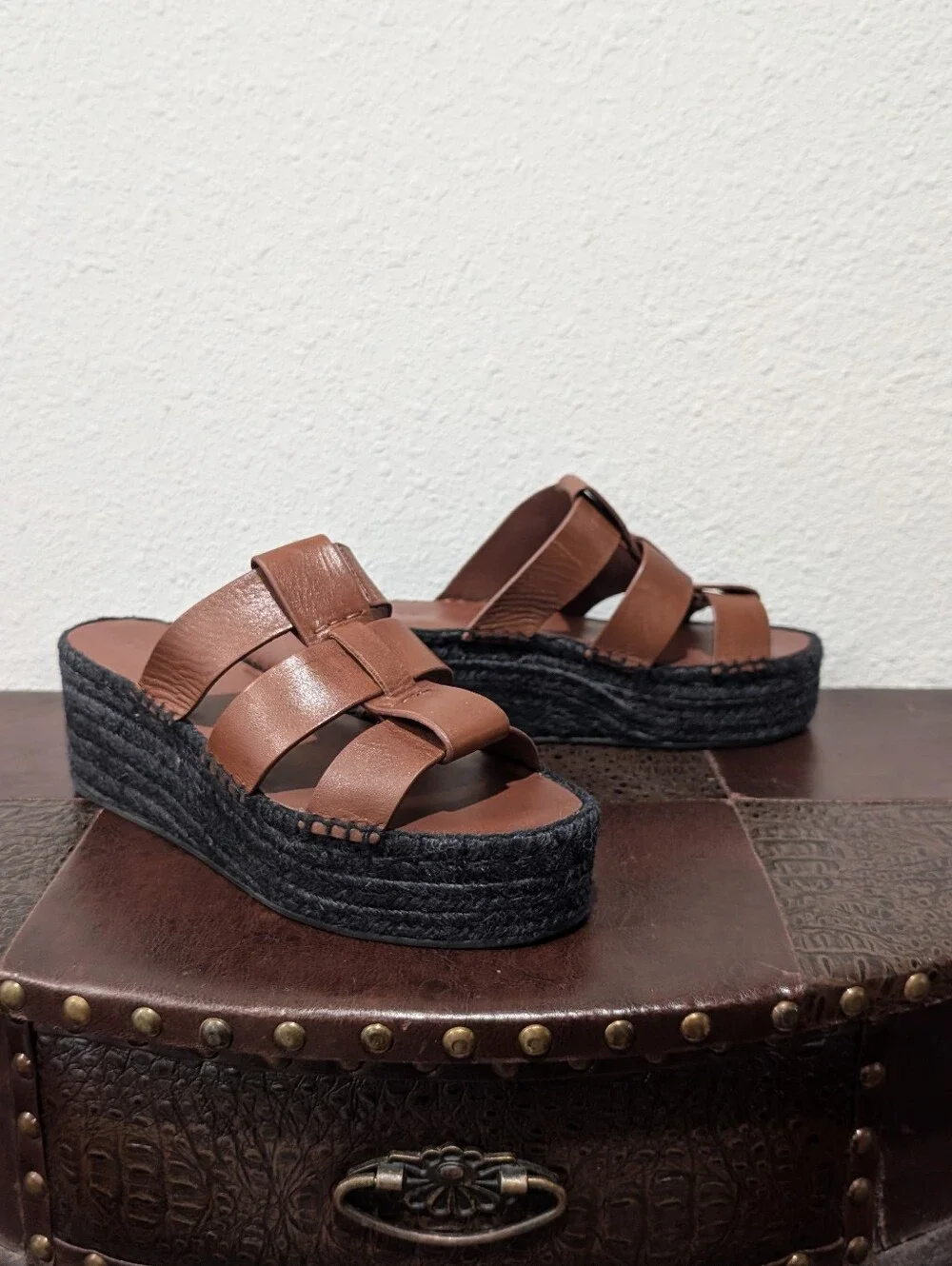 Vince Mahogany Leather Espadrille Platform Wedge Slide Sandals - Size 9M